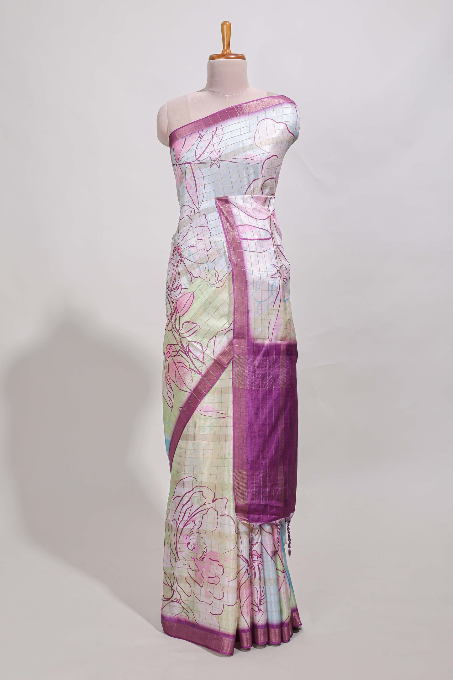 Multi colour and floral design  semi tussar saree with contrast border and  contrast blouse