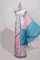 Multi colour and floral semi tussar saree with contrast border andcontrast blouse