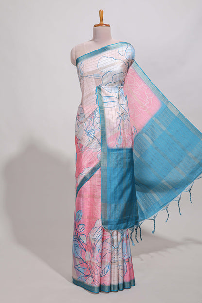 Multi colour and floral design  semi tussar saree with contrast border and  contrast blouse
