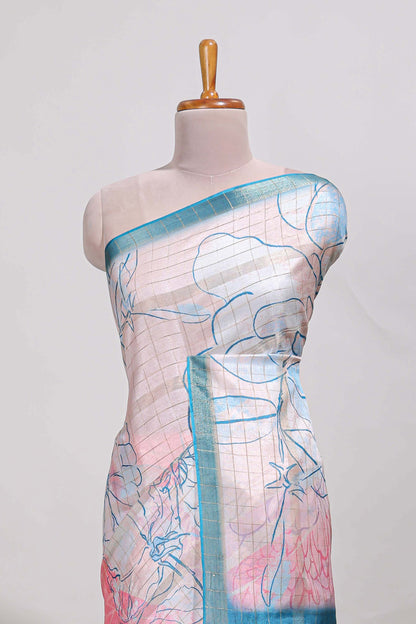 Multi colour and floral design  semi tussar saree with contrast border and  contrast blouse