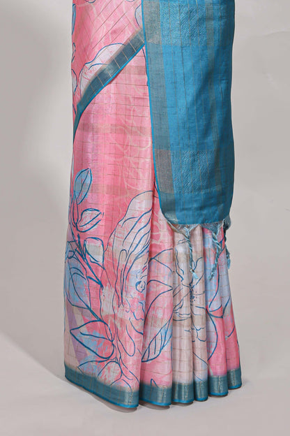 Multi colour and floral design  semi tussar saree with contrast border and  contrast blouse