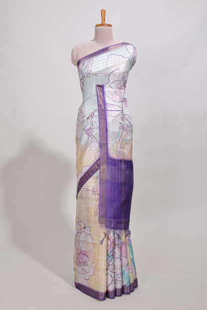 Multi colour and floral design  semi tussar saree with contrast border and  contrast blouse