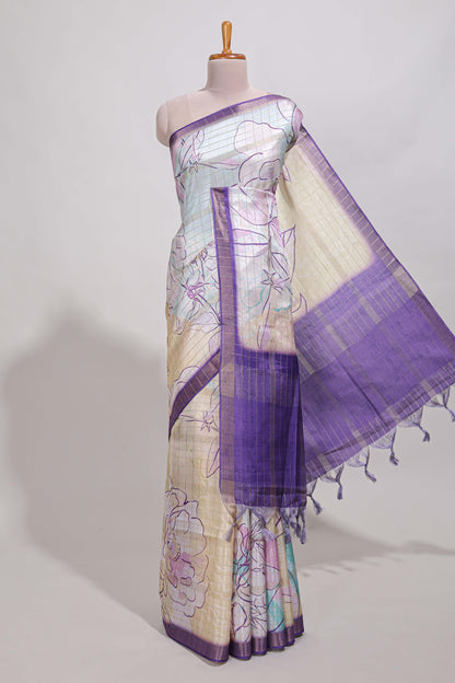 Multi colour and floral design  semi tussar saree with contrast border and  contrast blouse