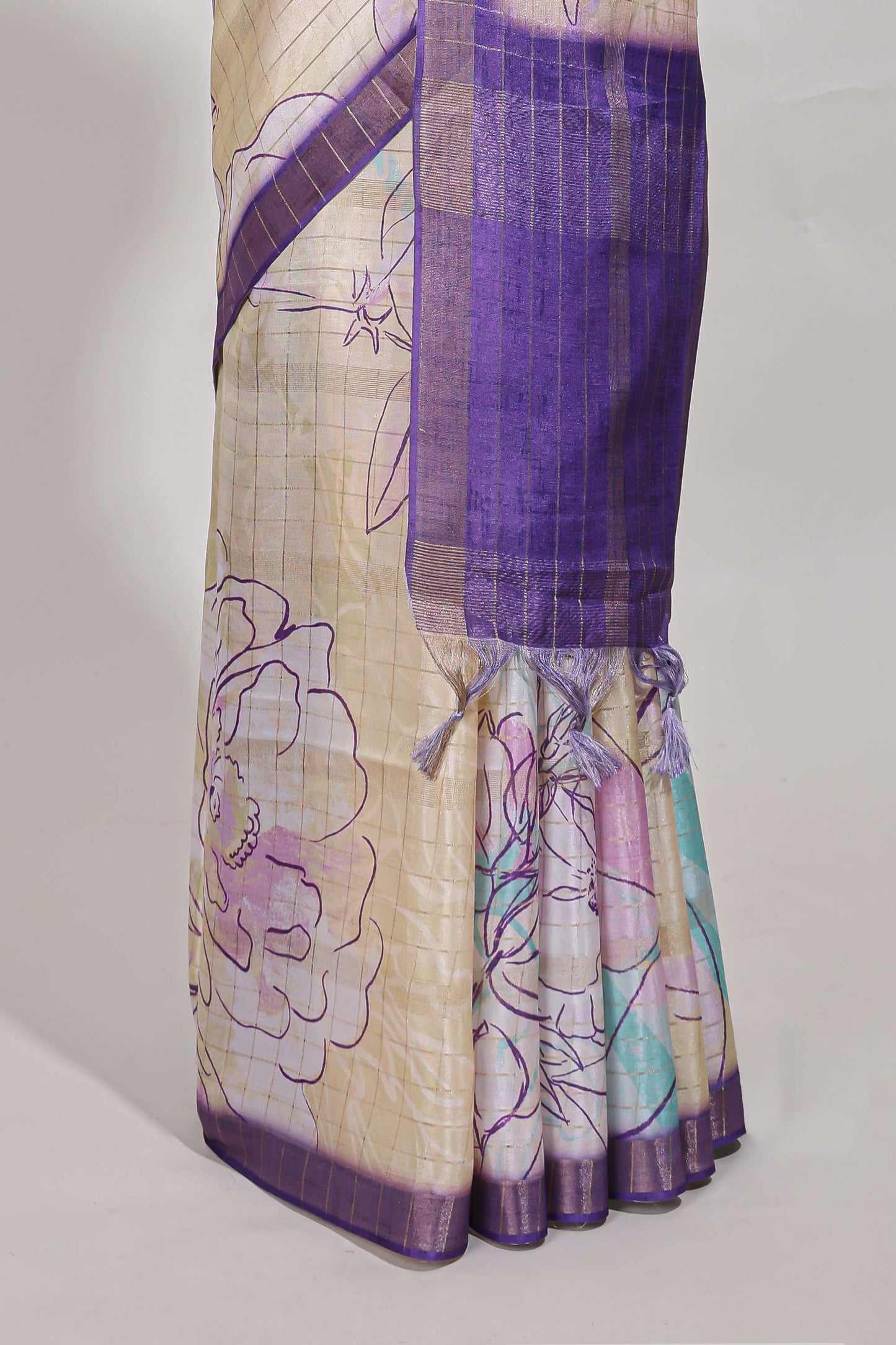 Multi colour and floral design  semi tussar saree with contrast border and  contrast blouse