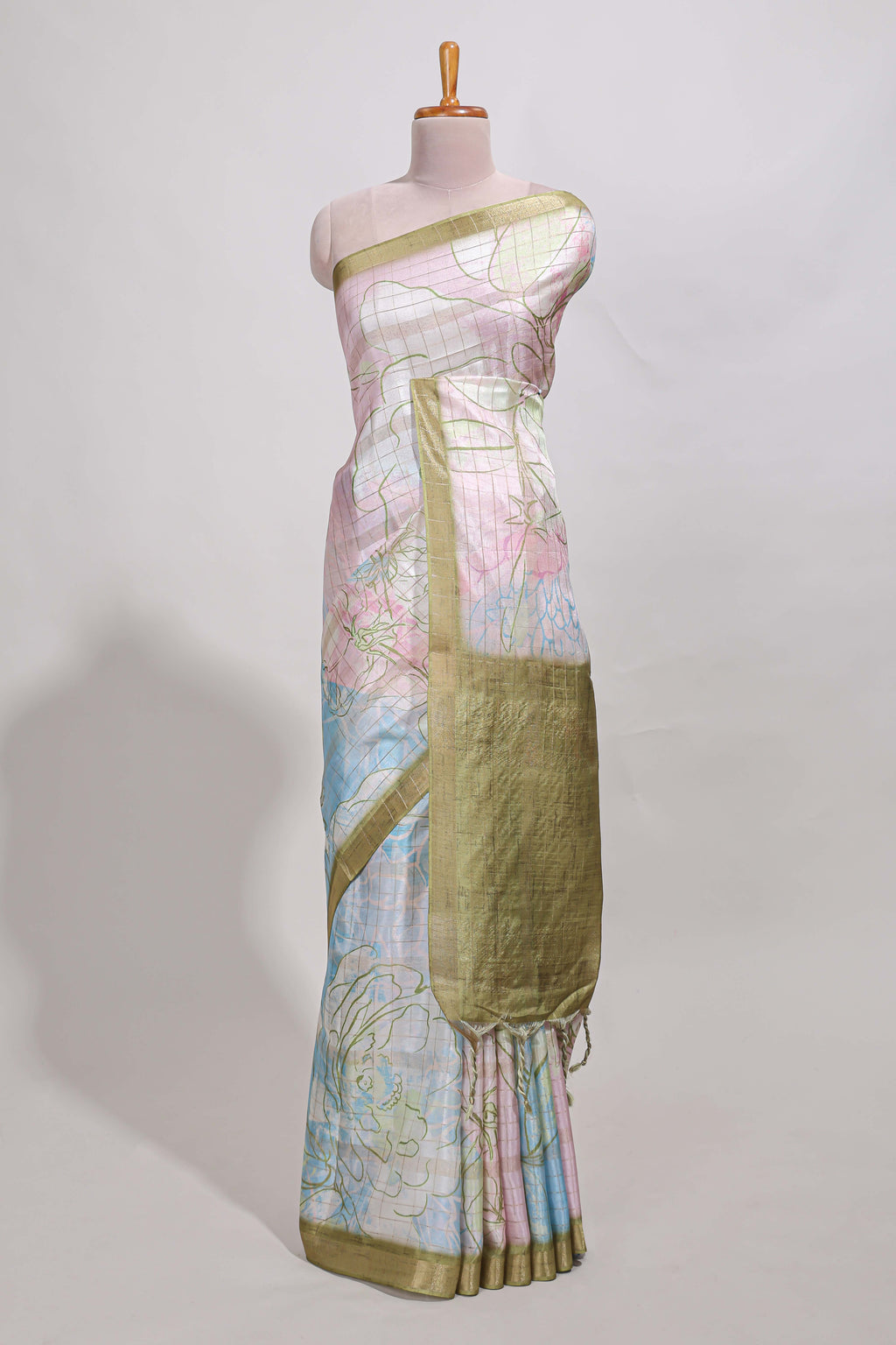 Multi colour and floral design  semi tussar saree with olive border and  contrast blouse
