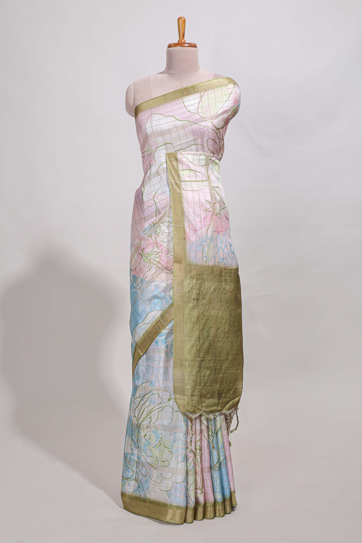 Multi colour and floral design  semi tussar saree with contrast border and  contrast blouse
