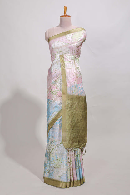 Multi colour and floral design  semi tussar saree with contrast border and  contrast blouse