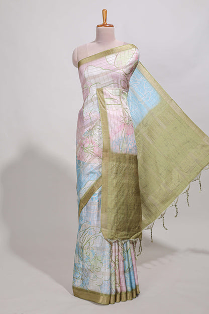 Multi colour and floral design  semi tussar saree with contrast border and  contrast blouse
