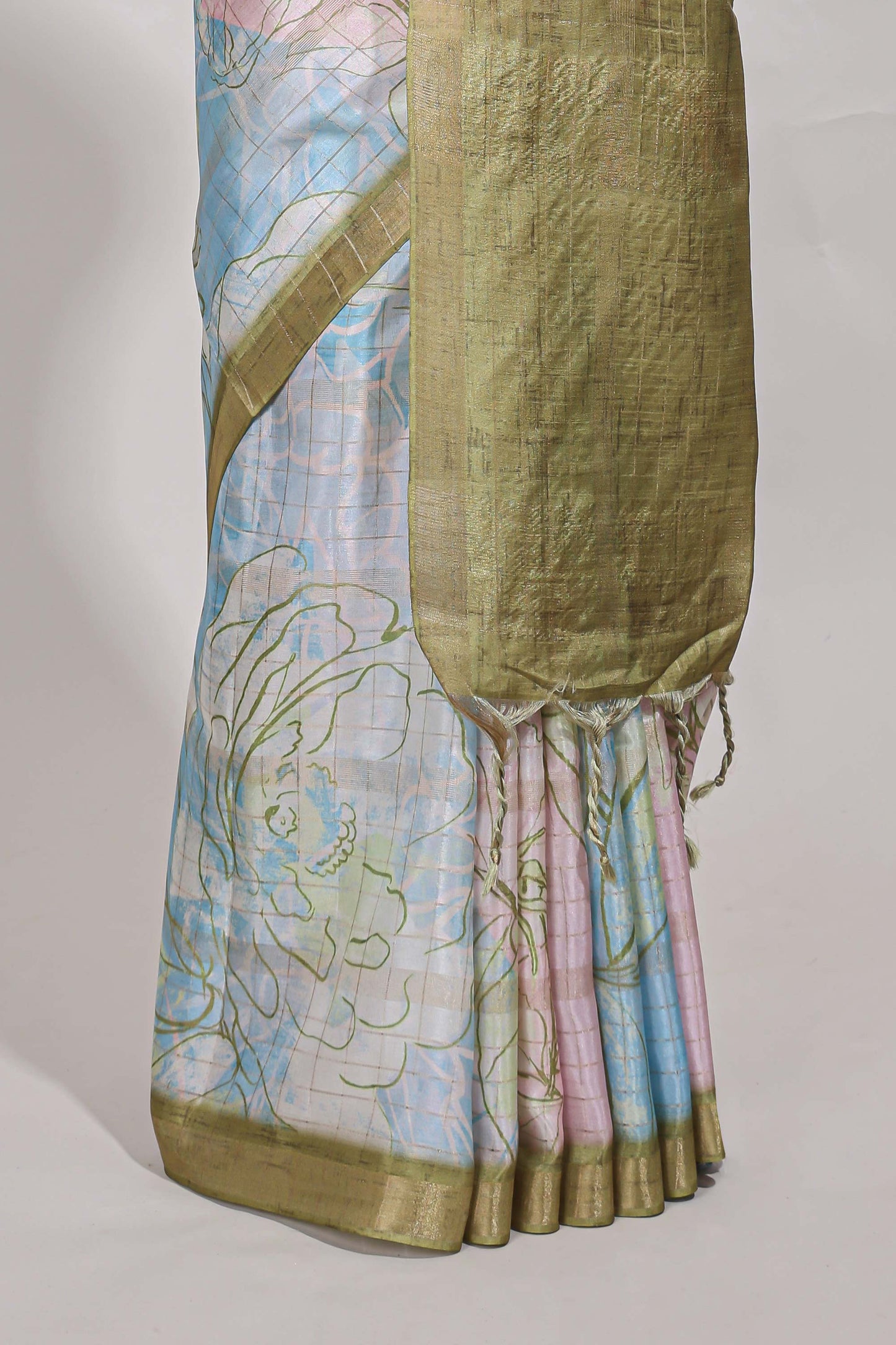 Multi colour and floral design  semi tussar saree with contrast border and  contrast blouse