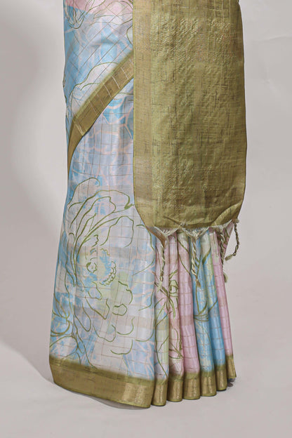 Multi colour and floral design  semi tussar saree with contrast border and  contrast blouse