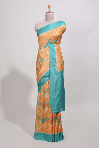 orange colour and ikkat printed design  semi tussar saree with contrast border and  contrast blouse (Copy)