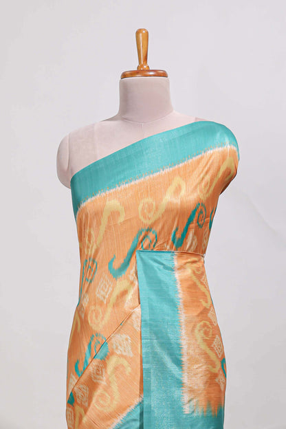 orange colour and ikkat printed design  semi tussar saree with contrast border and  contrast blouse (Copy)