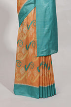 orange colour and ikkat printed design  semi tussar saree with contrast border and  contrast blouse