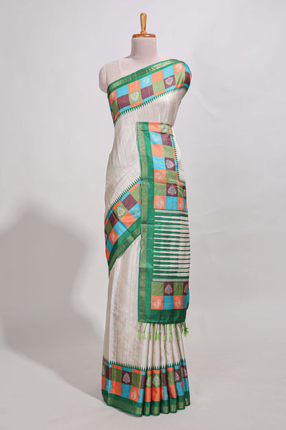 beige colour  semi tussar saree with contrast checked  border and  contrast  checked blouse