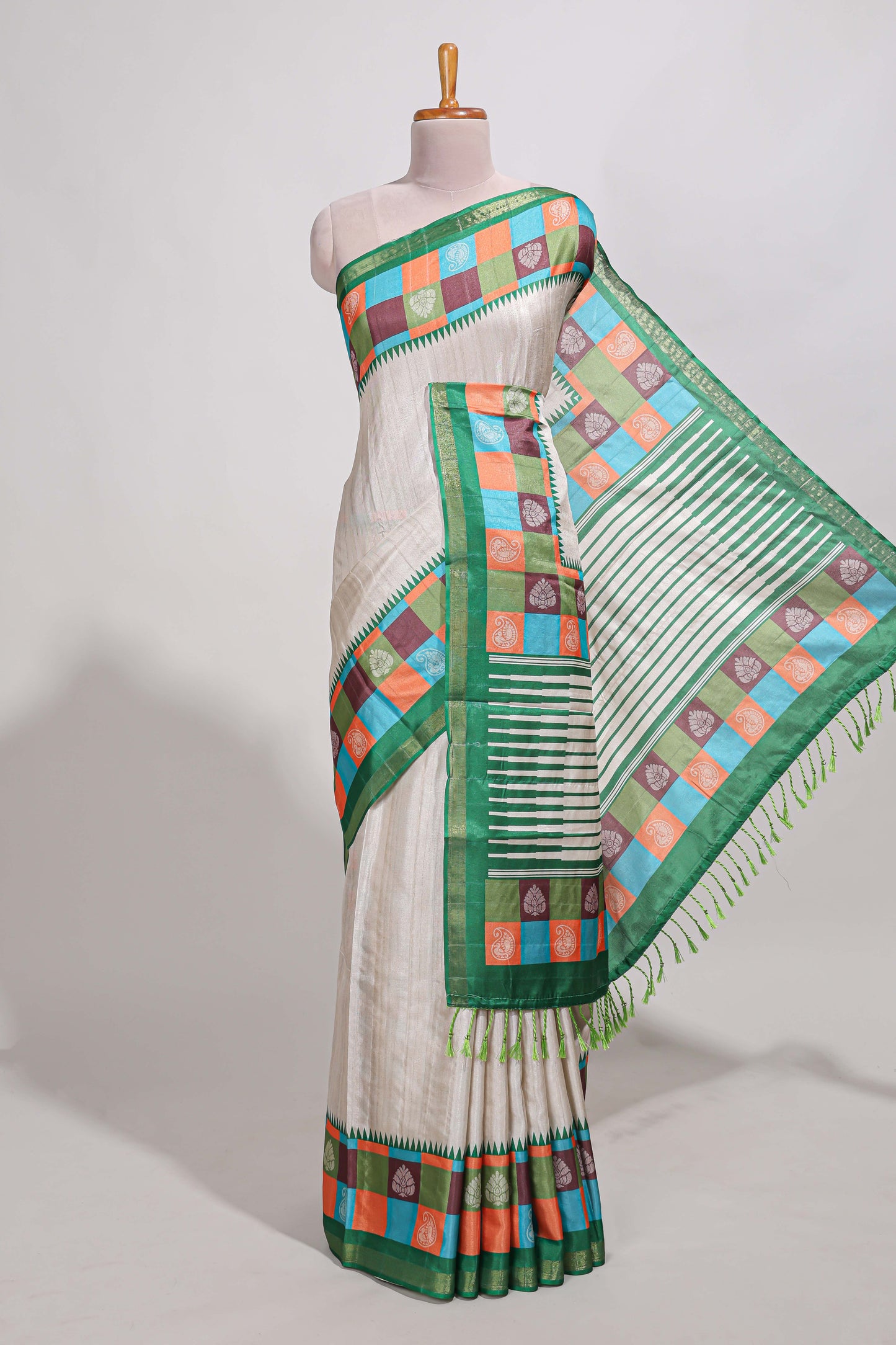 beige colour  semi tussar saree with contrast checked  border and  contrast  checked blouse