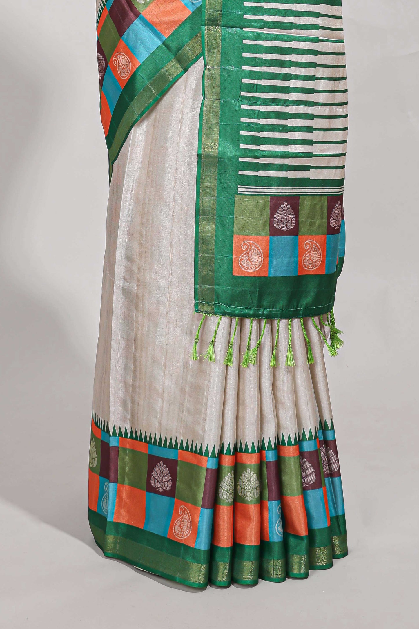 beige colour  semi tussar saree with contrast checked  border and  contrast  checked blouse