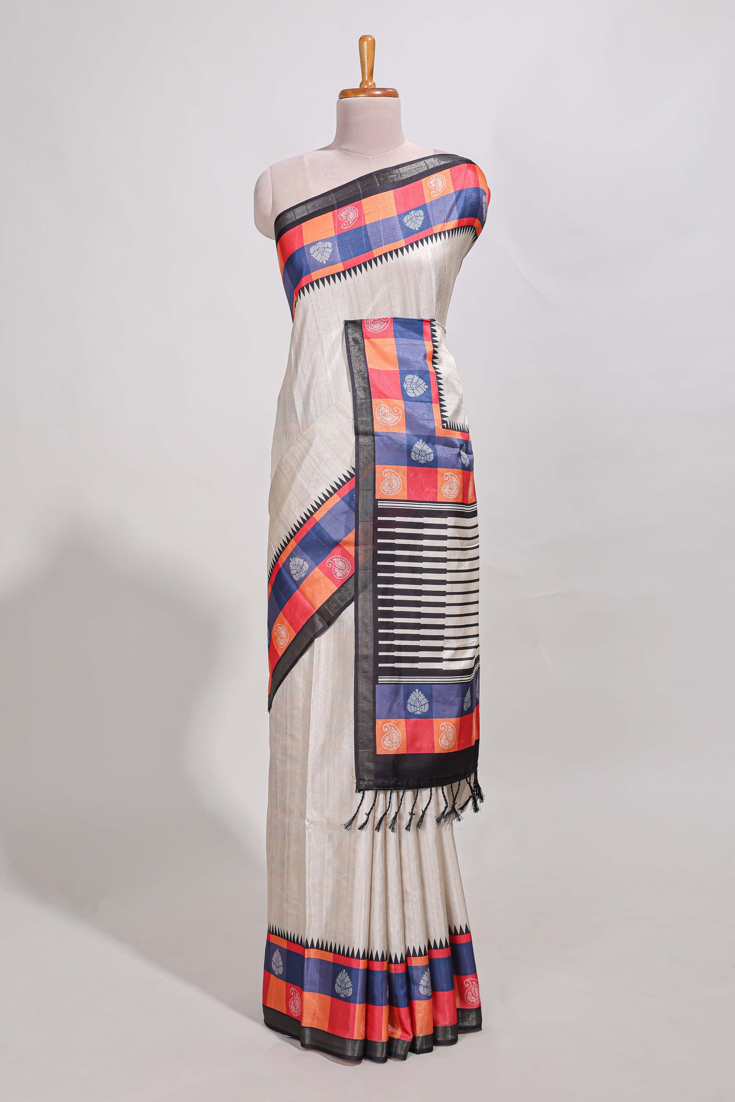 beige colour  semi tussar saree with contrast checked  border and  contrast  checked blouse