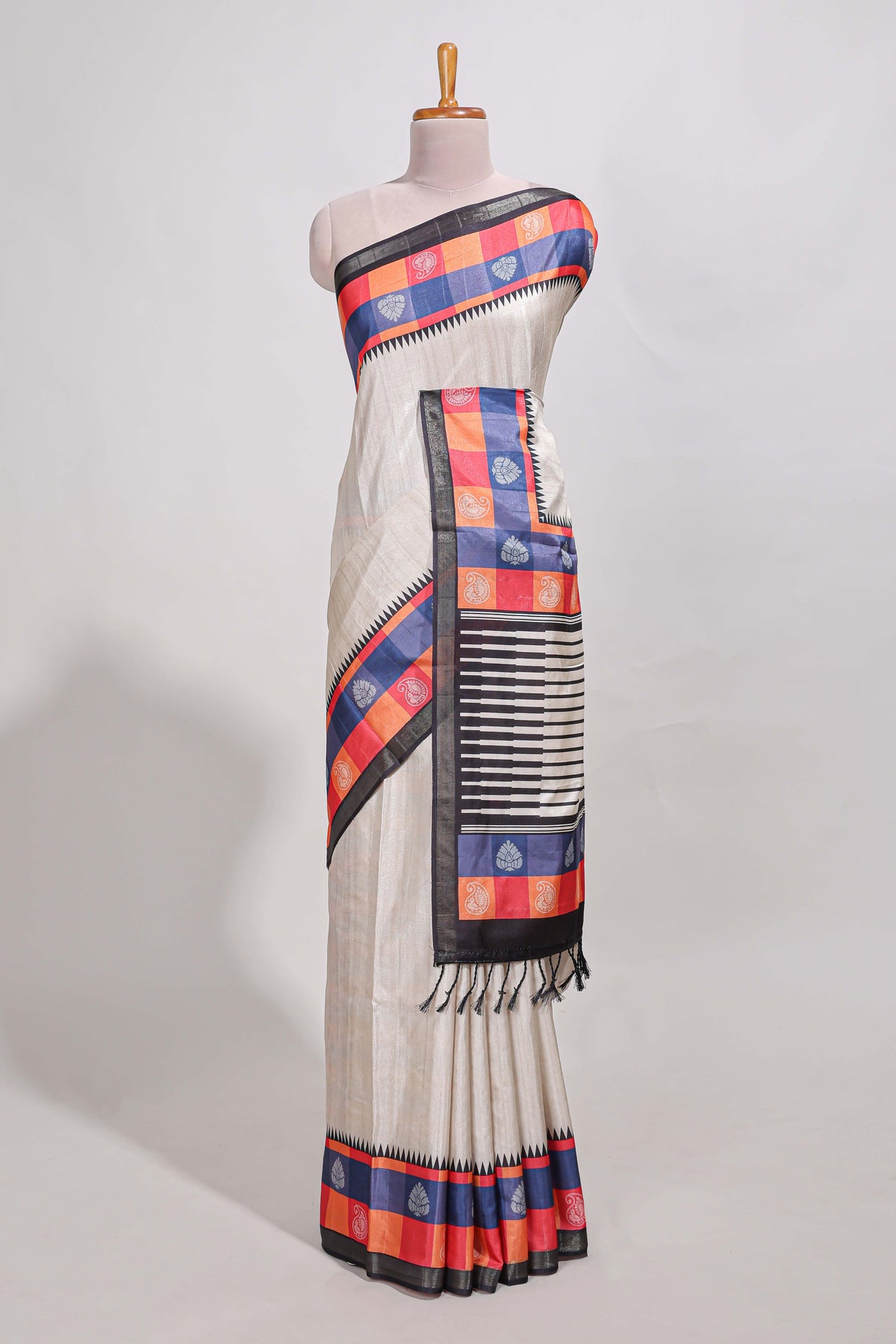 beige colour  semi tussar saree  contrast checked  border and  contrast  checked blouse