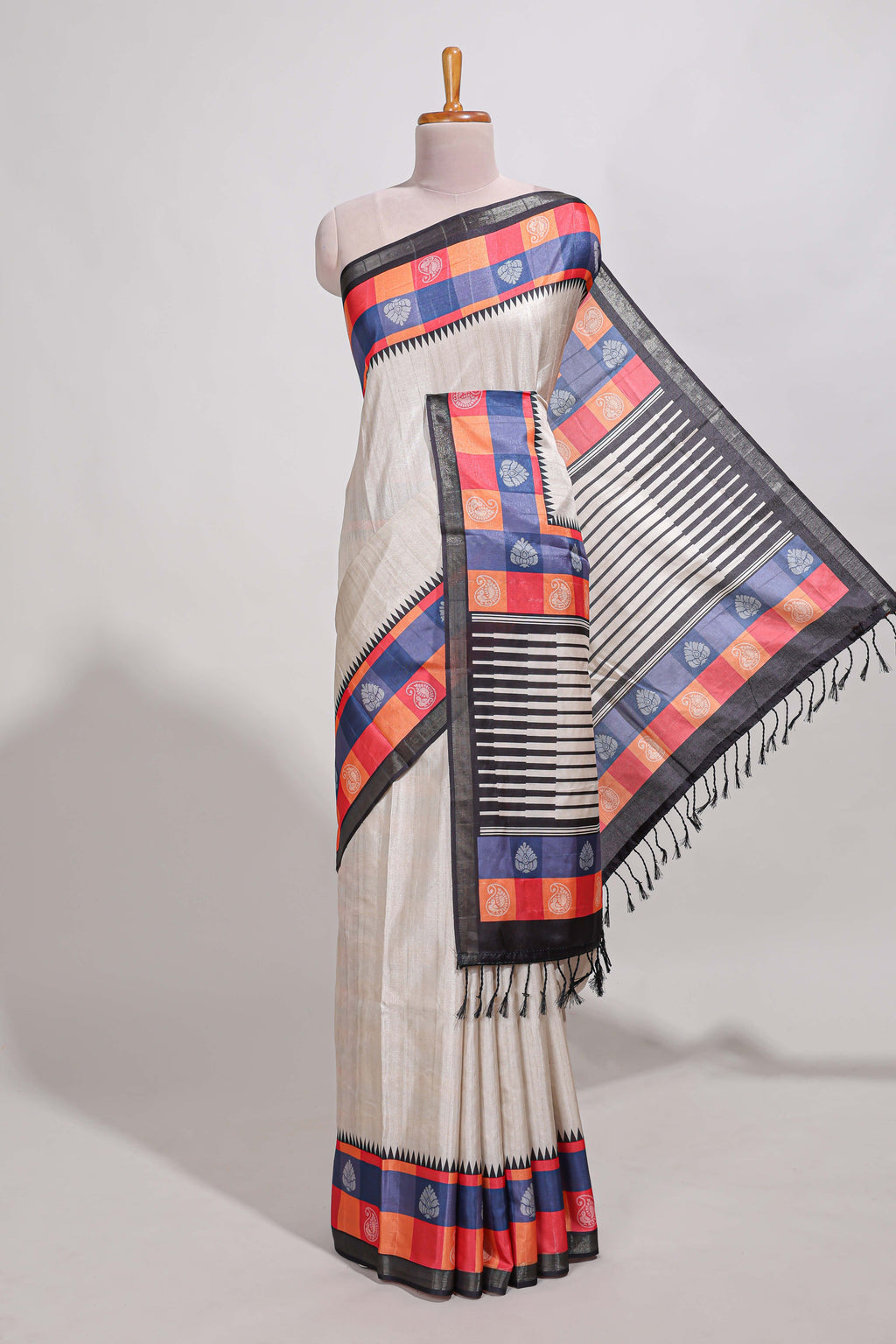 beige colour  semi tussar saree  contrast checked  border and  contrast  checked blouse