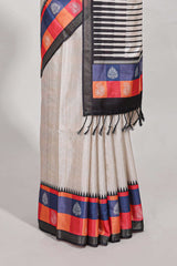 beige coloursemi tussar sareecontrast checkedborder andcontrastchecked blouse