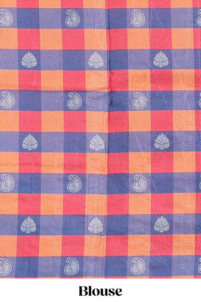 beige colour  semi tussar saree with contrast checked  border and  contrast  checked blouse