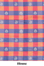 beige colour  semi tussar saree  contrast checked  border and  contrast  checked blouse