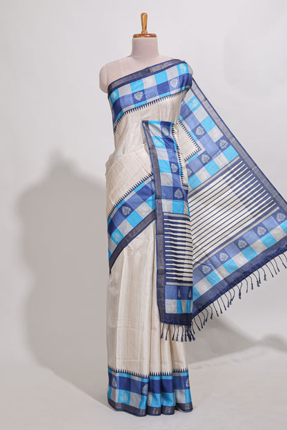 beige colour  semi tussar saree with contrast checked  border and  contrast  checked blouse