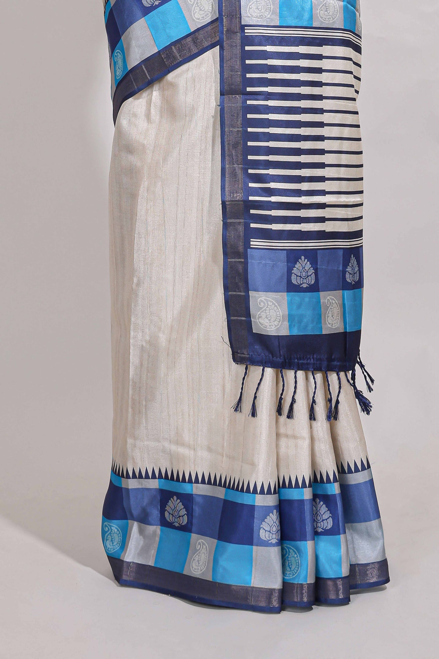 beige colour  semi tussar saree with contrast checked  border and  contrast  checked blouse
