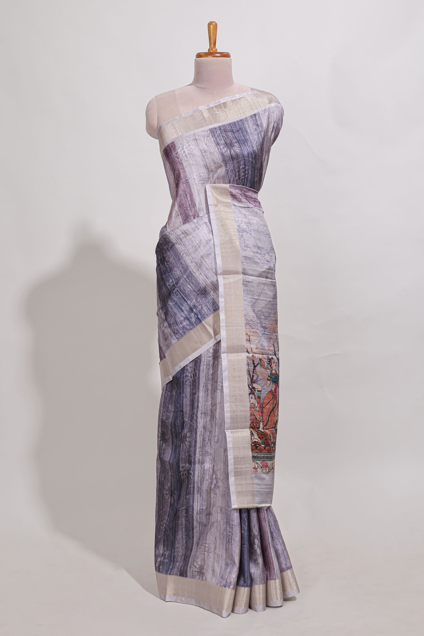 multi  colour floral printed  semi tussar saree with zari border and matching blouse