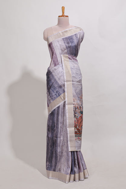 multi  colour floral printed  semi tussar saree with zari border and matching blouse