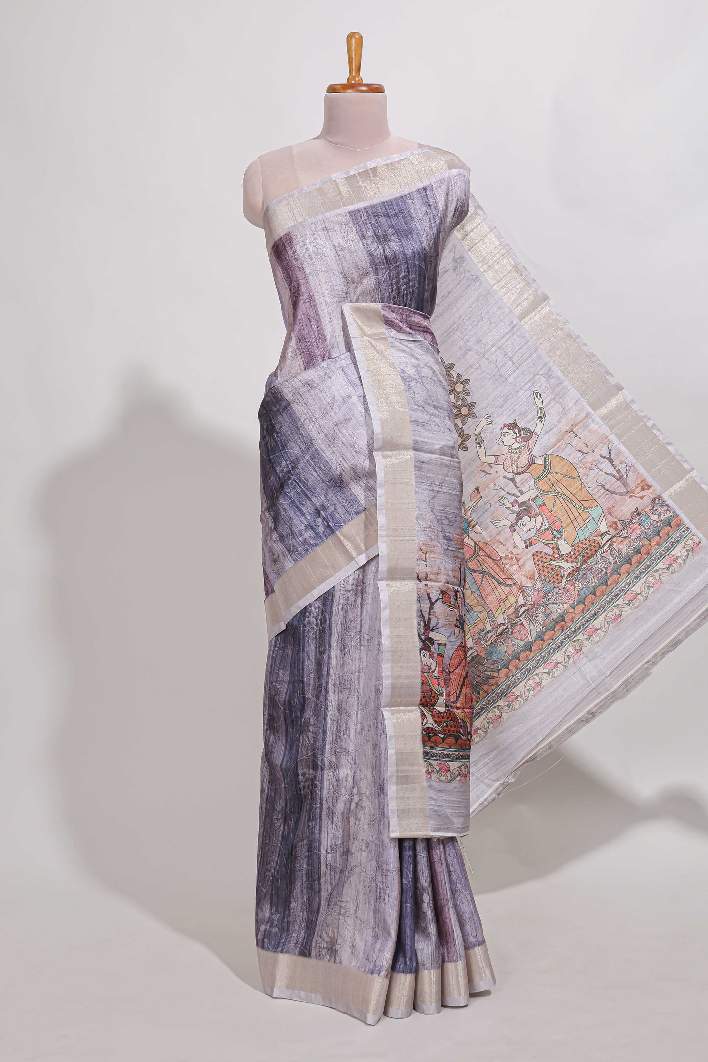 multi  colour floral printed  semi tussar saree with zari border and matching blouse