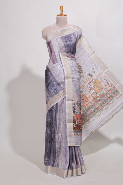 multi  colour floral printed  semi tussar saree with zari border and matching blouse