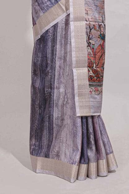 multi  colour floral printed  semi tussar saree with zari border and matching blouse