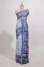 blue  colour floral printed  semi tussar saree with creeper  border and matching blouse