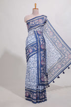 blue  colour floral printed  semi tussar saree with creeper  border and matching blouse