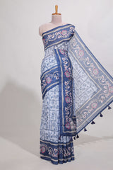 bluecolour floral printedsemi tussar saree with creeperborder and matching blouse