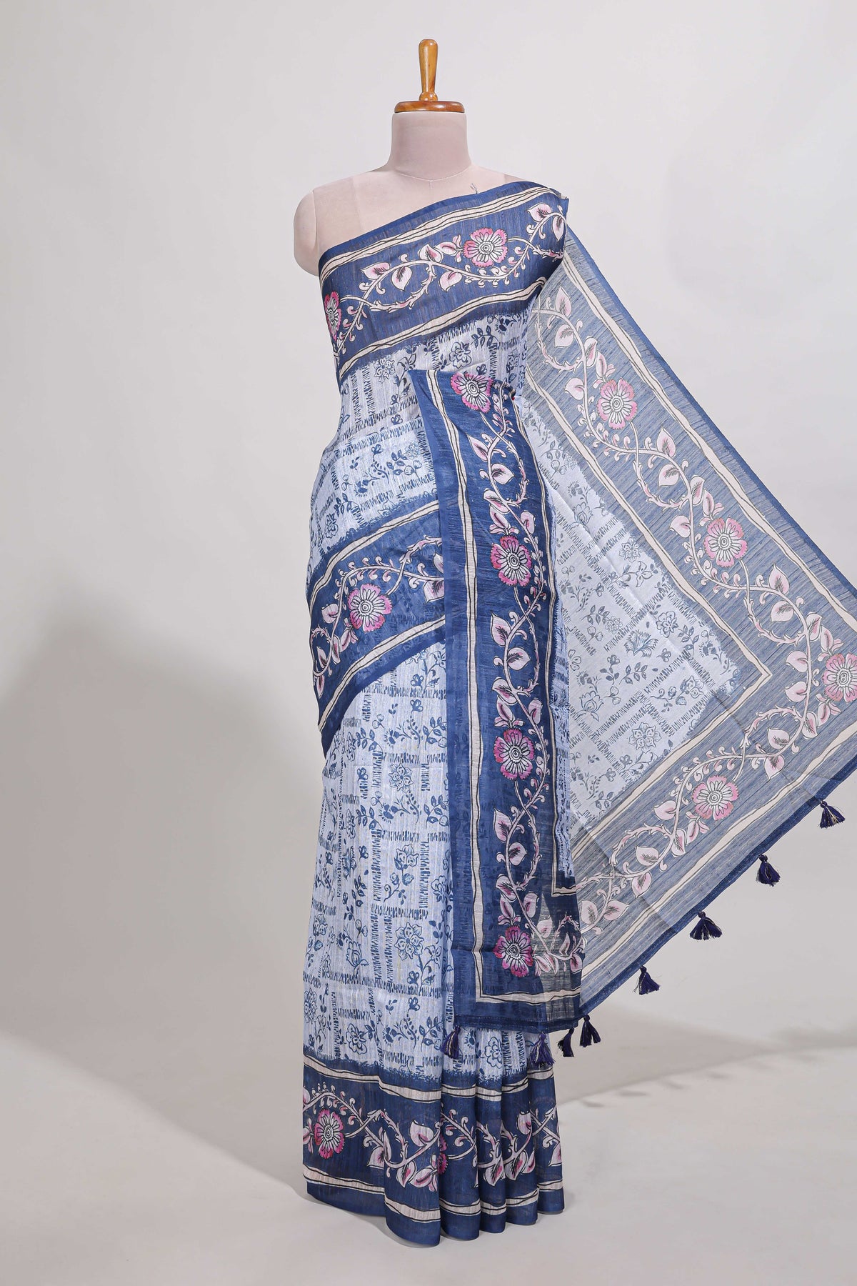 blue  colour floral printed  semi tussar saree with creeper  border and matching blouse