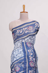 bluecolour floral printedsemi tussar saree with creeperborder and matching blouse
