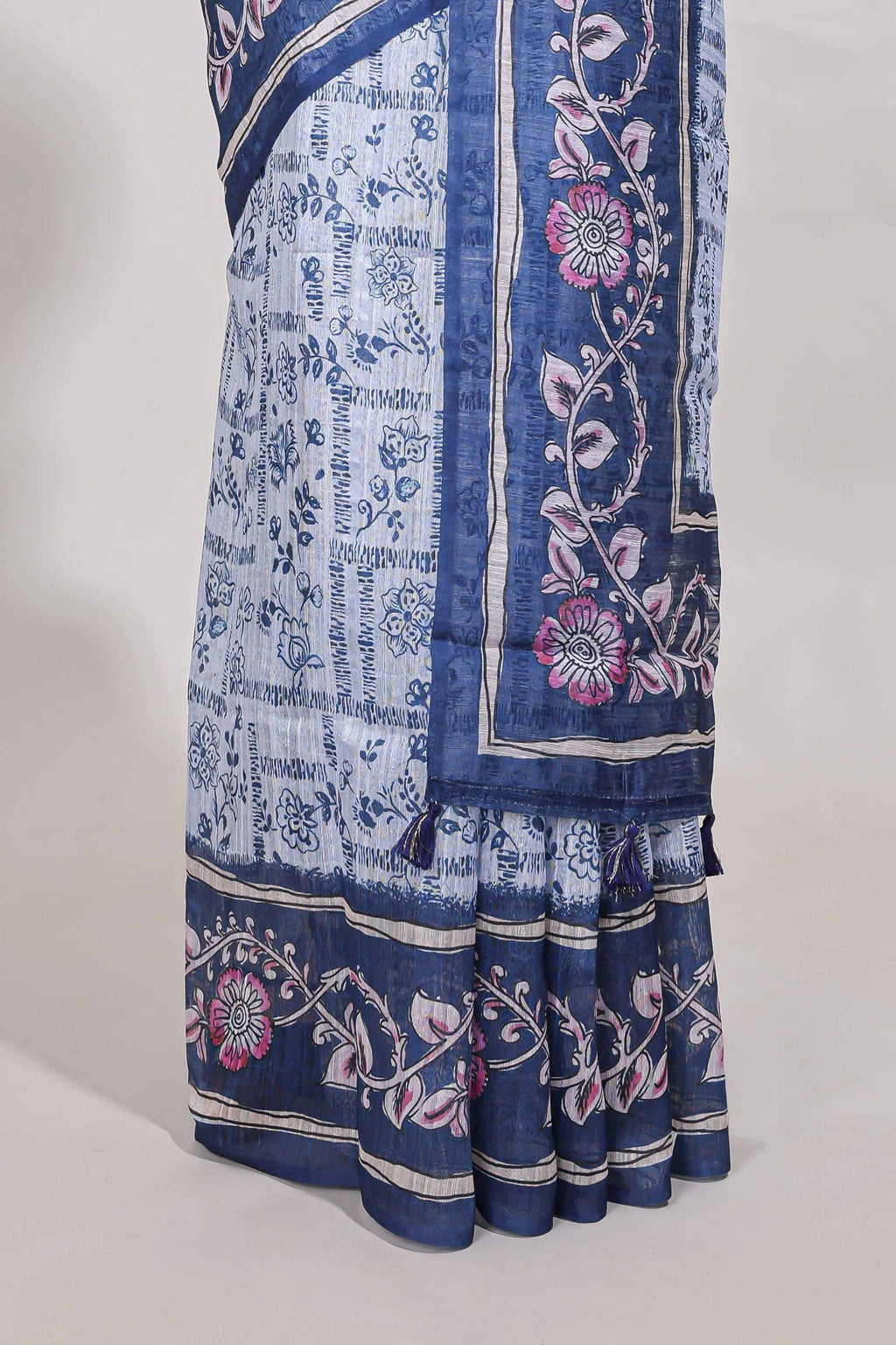 blue  colour floral printed  semi tussar saree with creeper  border and matching blouse