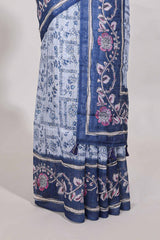 bluecolour floral printedsemi tussar saree with creeperborder and matching blouse
