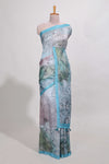 Blue colourprintedsemi tussar saree with pippingborder and leaf printed matching blouse