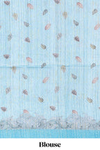Blue colour  printed  semi tussar saree with pipping  border and leaf printed matching blouse