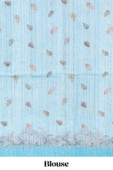 Blue colourprintedsemi tussar saree with pippingborder and leaf printed matching blouse