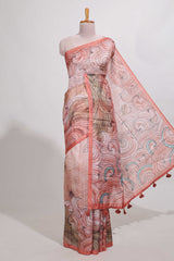 pink colourprintedsemi tussar saree with pippingborder and leaf printed matching blouse
