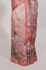 pink colourprintedsemi tussar saree with pippingborder and leaf printed matching blouse