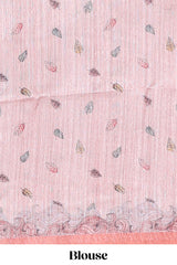 pink colourprintedsemi tussar saree with pippingborder and leaf printed matching blouse