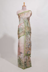 Light green colourprintedsemi tussar saree with pippingborder and leaf printed matching blouse
