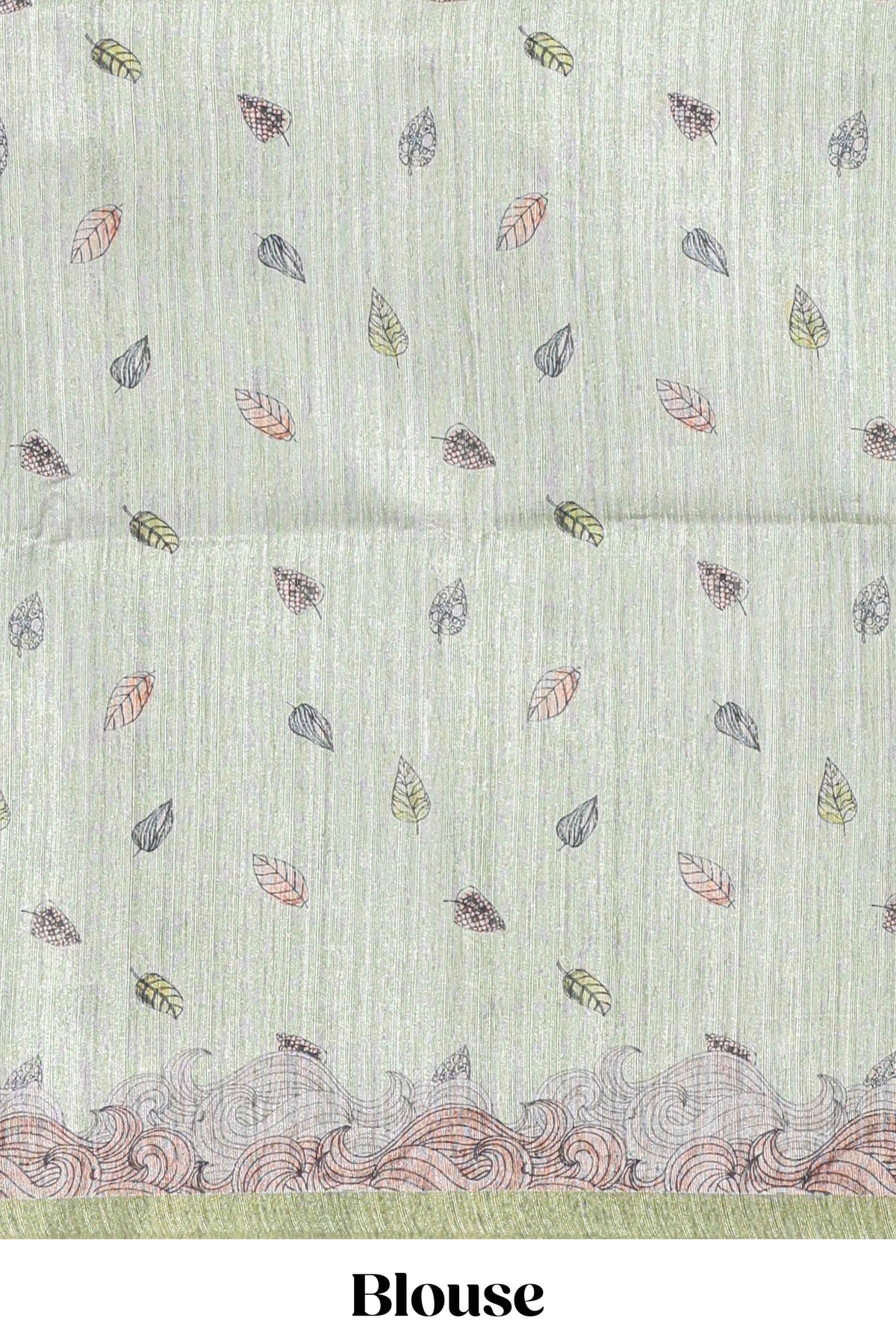 Light green colour  printed  semi tussar saree with pipping  border and leaf printed matching blouse