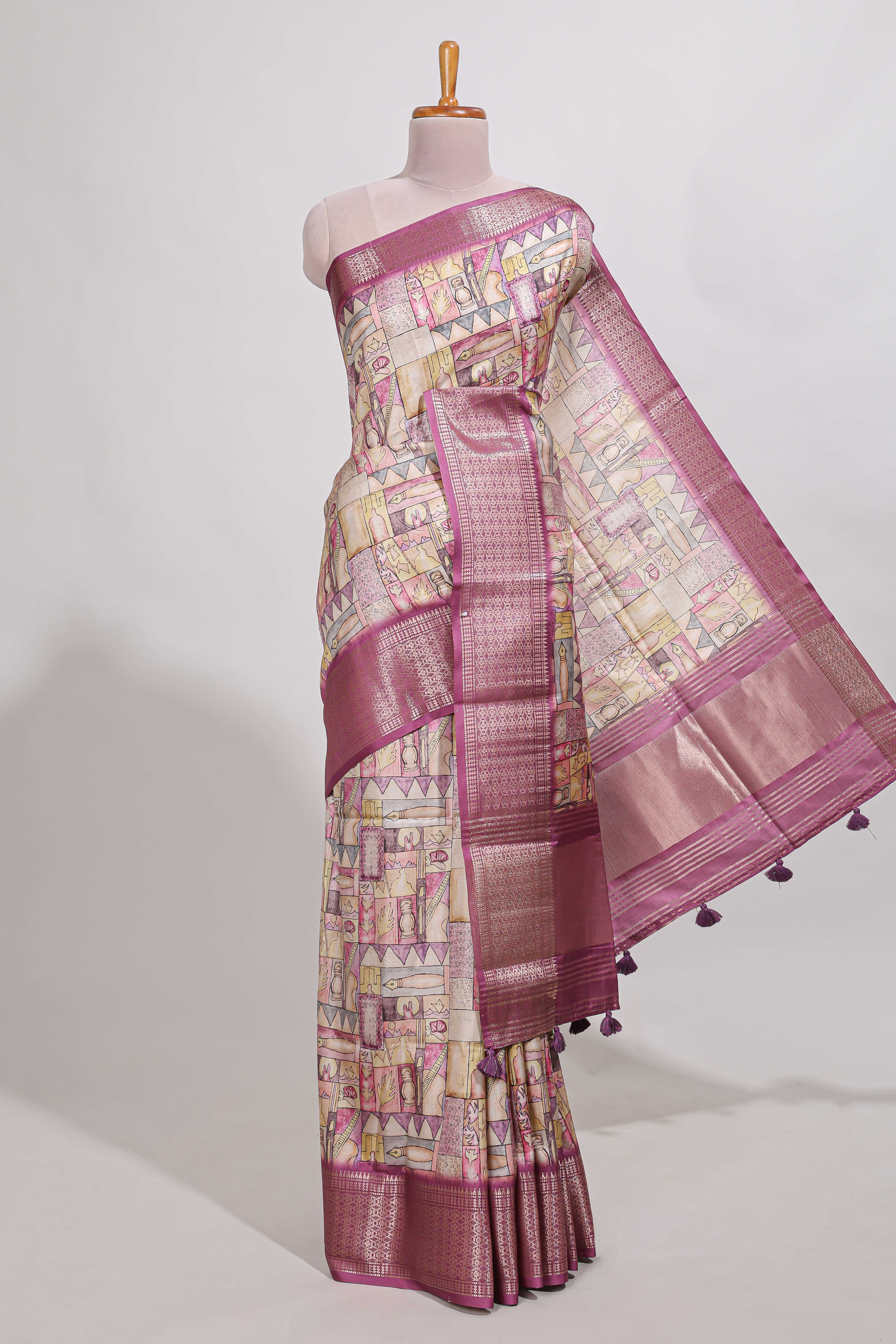 story bookprintedsemi tussar saree with zari border and zari weaving blouse