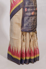 Beige colour semi tussar saree with temple border and tissue blouse